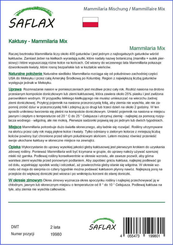 SAFLAX Garden In the Bag - Mammillaire Mix - 40 Seeds - With Substrate In a Fitting Stand Up Bag - Mammilaria Mix
