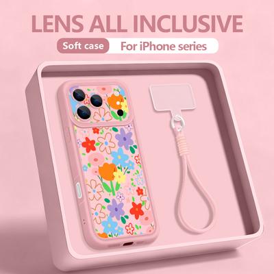 Cute Flower Pattern Lanyard Phone Case For iPhone 17 Pro Max 16 17 14 15 13 Pro Max 13 11 17e 16e Shockproof Silicone Soft Cover