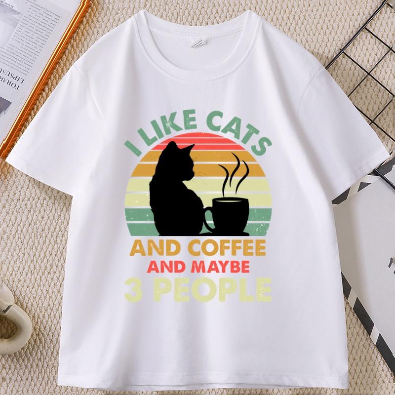 Cats and Coffee Sunset Tshirt I Like Cats and Maybe 3 People Tshirt Casual Cotton Printed Short Sleeve T Shirt Streetwear Tops
