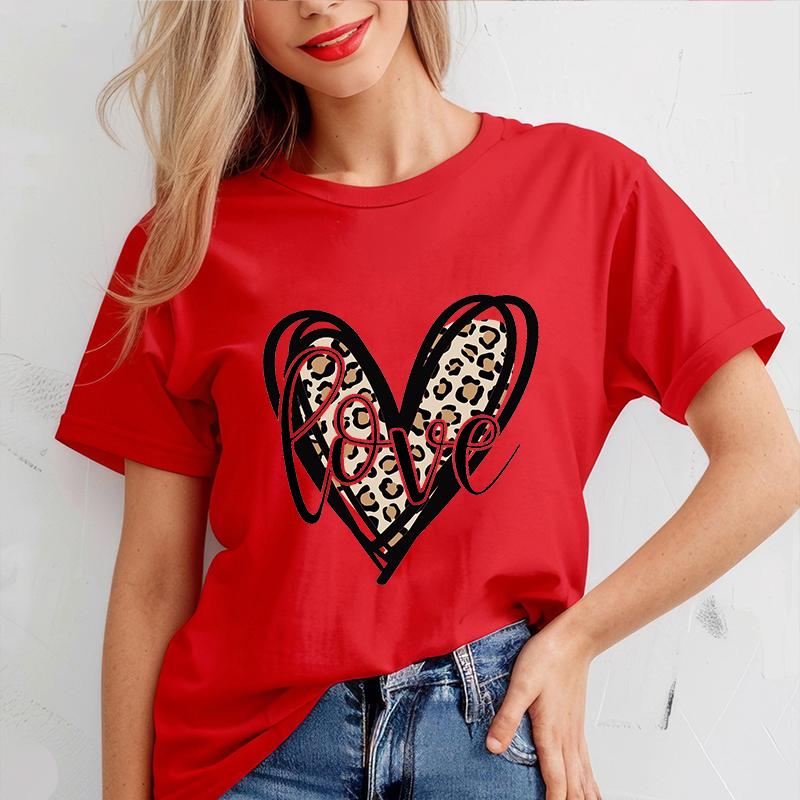 Valentine Heart Printed T Shirt for Women Leopard Heart T-shirt Girl Short Sleeve Crew Neck Casual Top for Summer Women Clothing