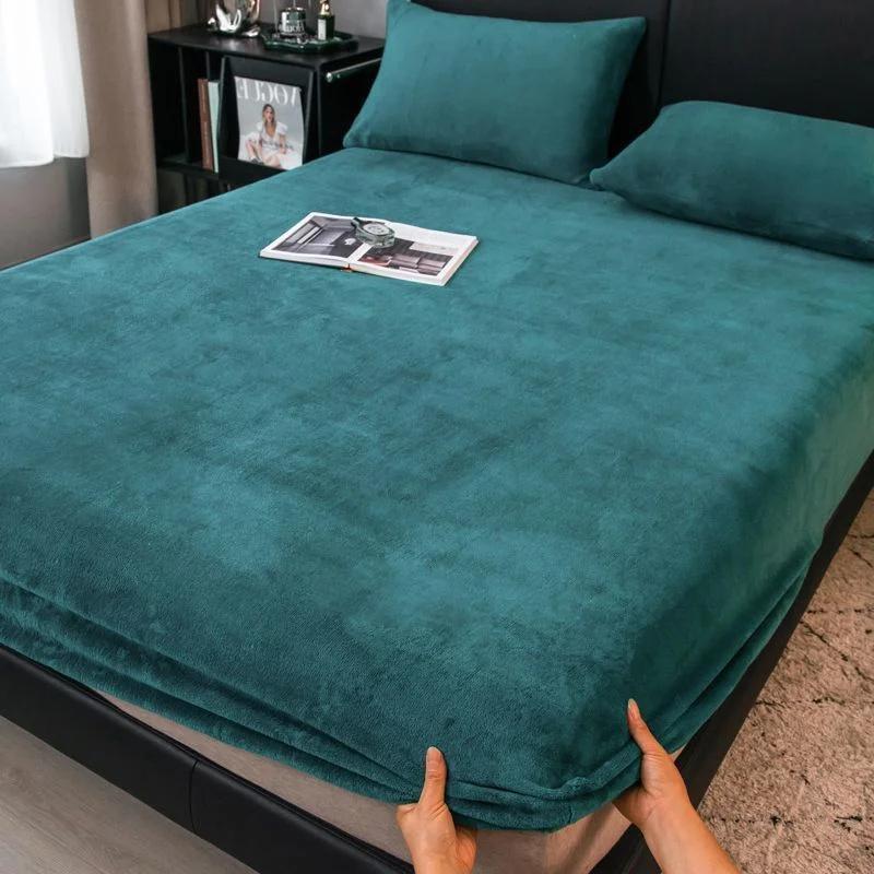 Yumuşak Sıcak Peluş Fitted Sheet Elastik Yatak Örtüsü Kabarık Mercan Polar Yatak Örtüsü Kış Çift Lüks Çift Kişilik Yatak Örtüsü