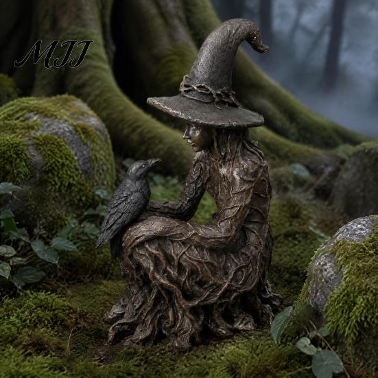 Crow Witch Sculpture Halloween Tree Statue, Gothic Resin Figurine, Fantasy Art Collectibles Dark Enchanting Ornament, Holiday Party Supplies