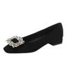 Square Head Shallow Mouth Single Shoes Women's Flat Bottom 2025 New Summer Shoes French Temperament Rhinestone French Black Ladyshoes