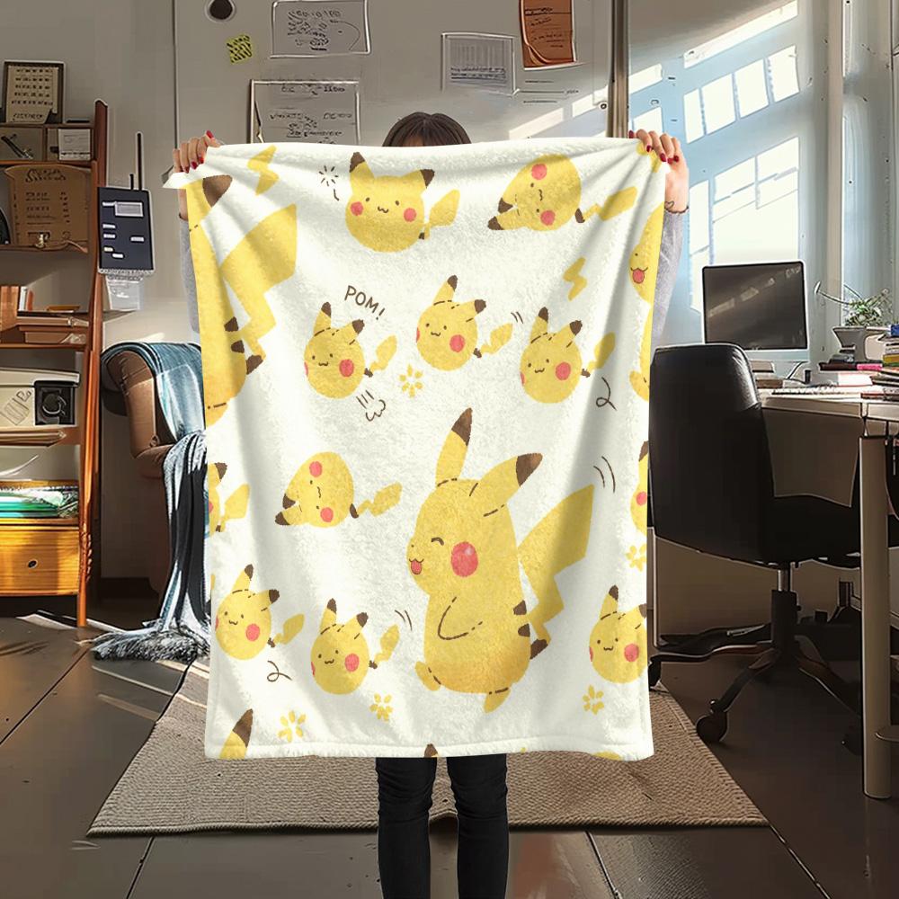 Yellow-background Pikachu  Print Flannel Blanket, High quality Comfortable for All Seasons, Home Decor, Warmth and Comfort