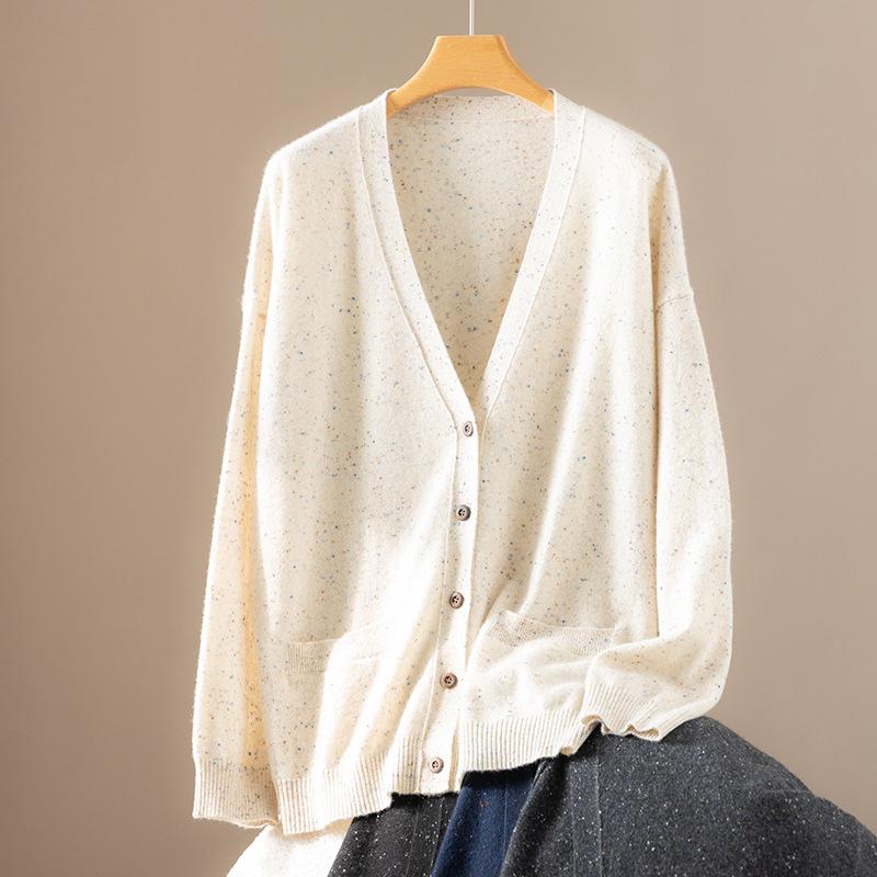 Women's V-Neck 100% Cashmere Cardigan: Autumn Winter Korean Style, Loose Fit, Slimming Single-Breasted Knit Sweater