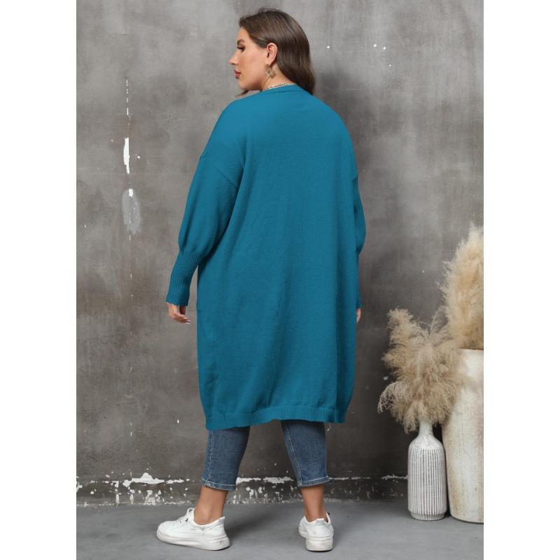 Damen Übergröße Locker Mittellang Laternenärmel V-Ausschnitt Doppeltasche Strick Cardigan Pullover