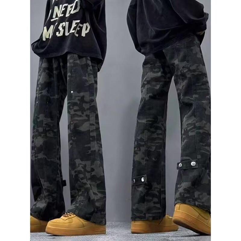 Vintage High Street Camouflage Tooling Jeans Men's Autumn and Winter Velvet American Splicing Design Sense Loose Straight Long Pants