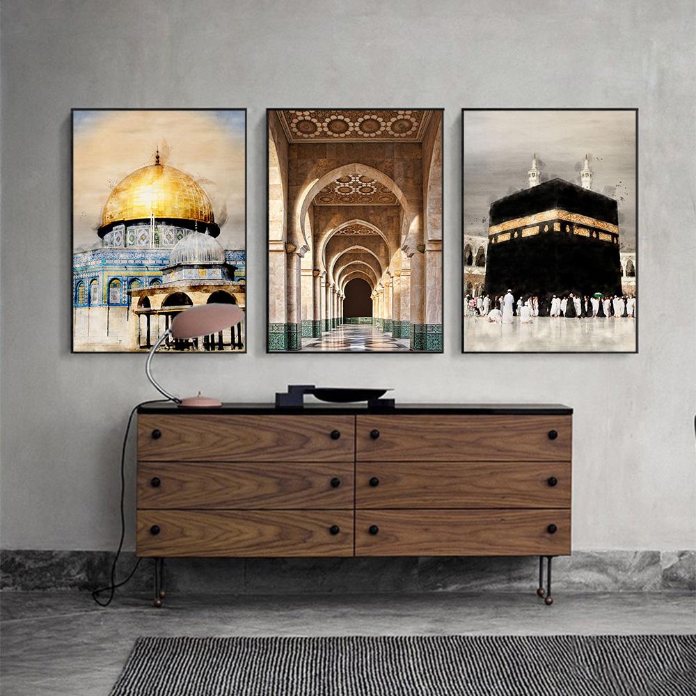 Islamische Kalligraphie Leinwand Malerei Allahu Akbar Kaaba Heiliger Ort Die Moschee Poster und Drucke Wandkunst Wohnzimmer Dekor
