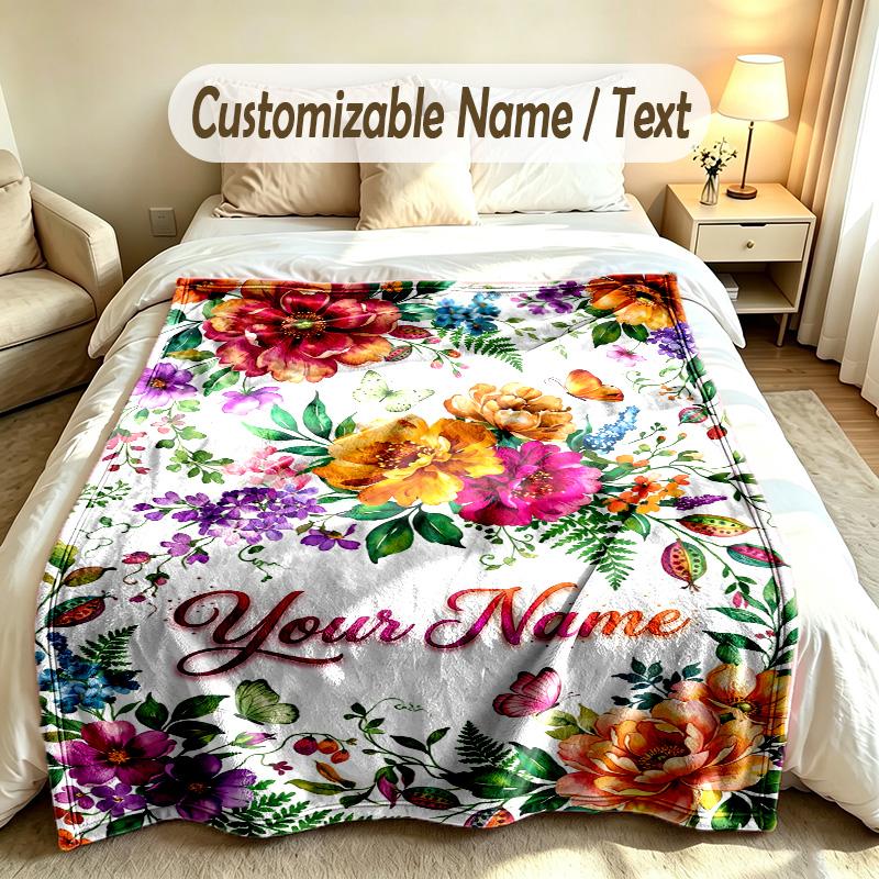 Floral Garden Theme Soft Blanket Personalized Custom Name Text Print Warm Blanket Home Sofa Bedroom Decor
