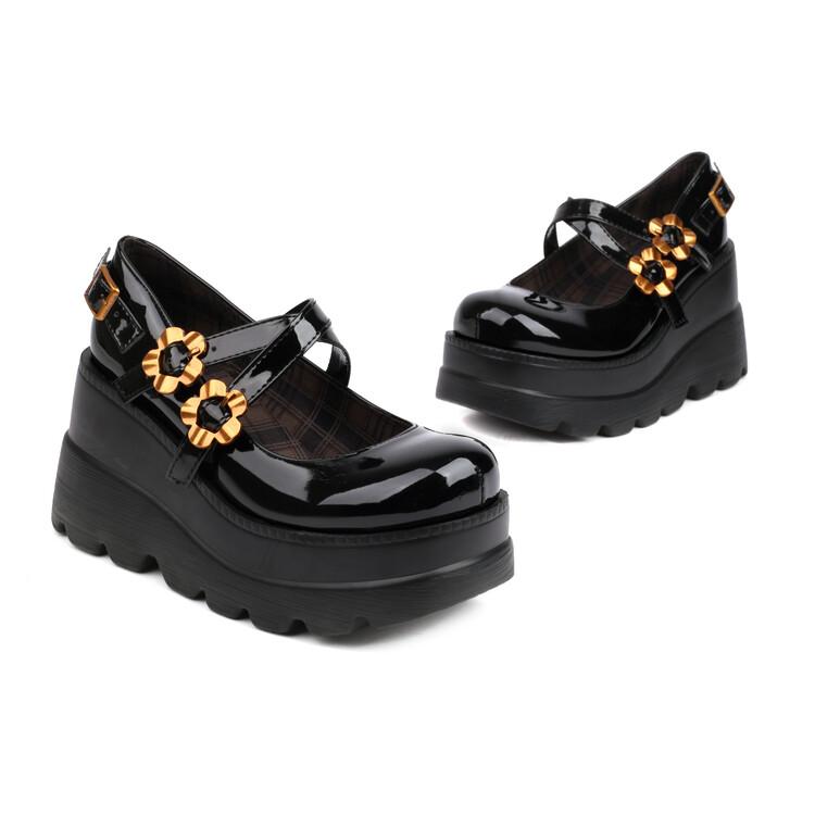 

Женские туфли-лодочки из искусственной кожи на платформе, на танкетке, в стиле панк с круглым носком, весенне-осенняя обувь Мэри Джейн с цветочной пряжкой, черные 35-43 35 чёрный