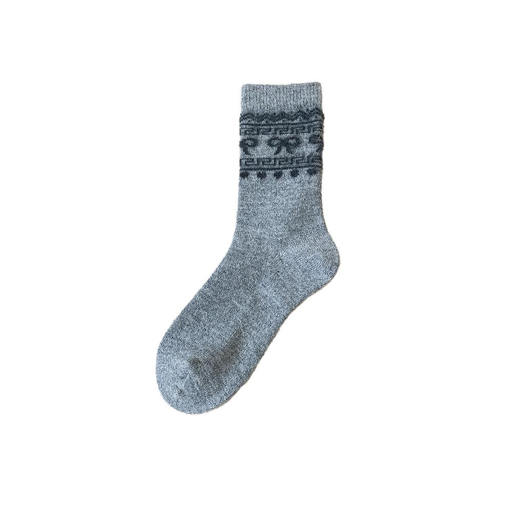 

Толстые и теплые шерстяные носки до середины икры для женщин на осень и зиму, с вышивкой в виде банта, универсальные махровые носки 1 pair светло-серый