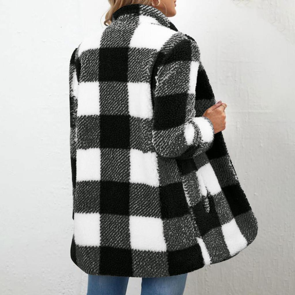 Mote Rutete Frakk med Revers for Kvinner, Langermet Jakke med Knapper, Plysj Varm Jakke med Lommer