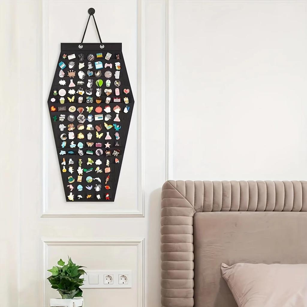 1pc Stylish Rhombus Felt Jewelry Hanging Organizer - Black Multi-Compartment Display Pouch - Home Storage & Retail Showcase