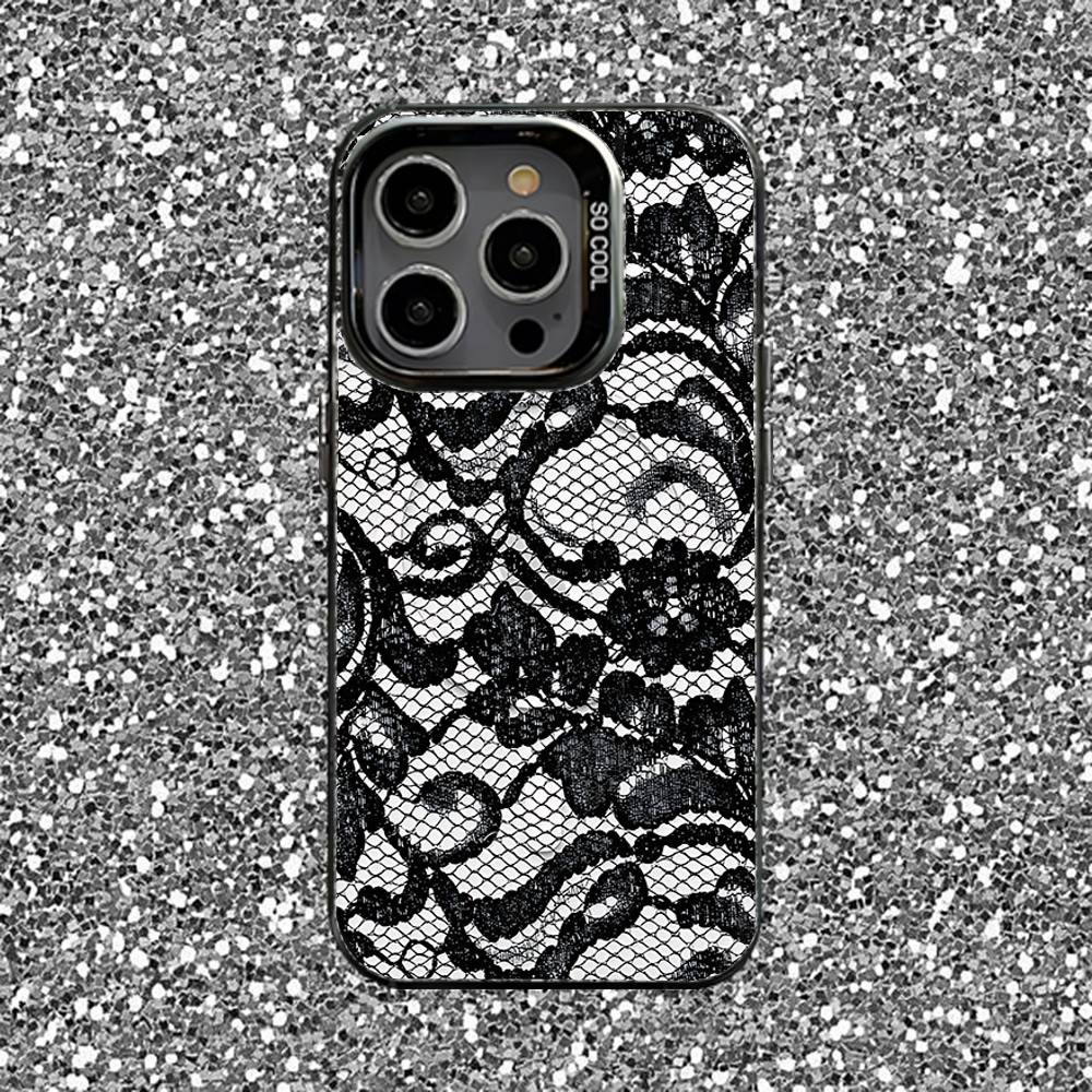 Lace Print Pattern Phone Case For iPhone 16,15,14,13,12,11,Pro,XS,Max,Plus,Mini,SE Black Candy Matte Shockproof Cover