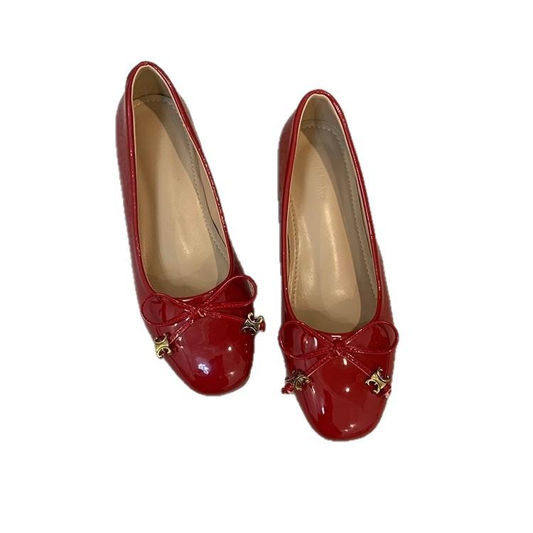 2025 new spring and autumn French small inner height increase flat shoes women's bow ballet shoes square head shallow mouth single shoes