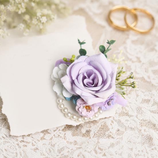 Yousheng Purple Wedding Boutonniere, Artificial Silk Flower Lapel Pin for Groom Bride Parents, Romantic Wrist Corsage for Bridal