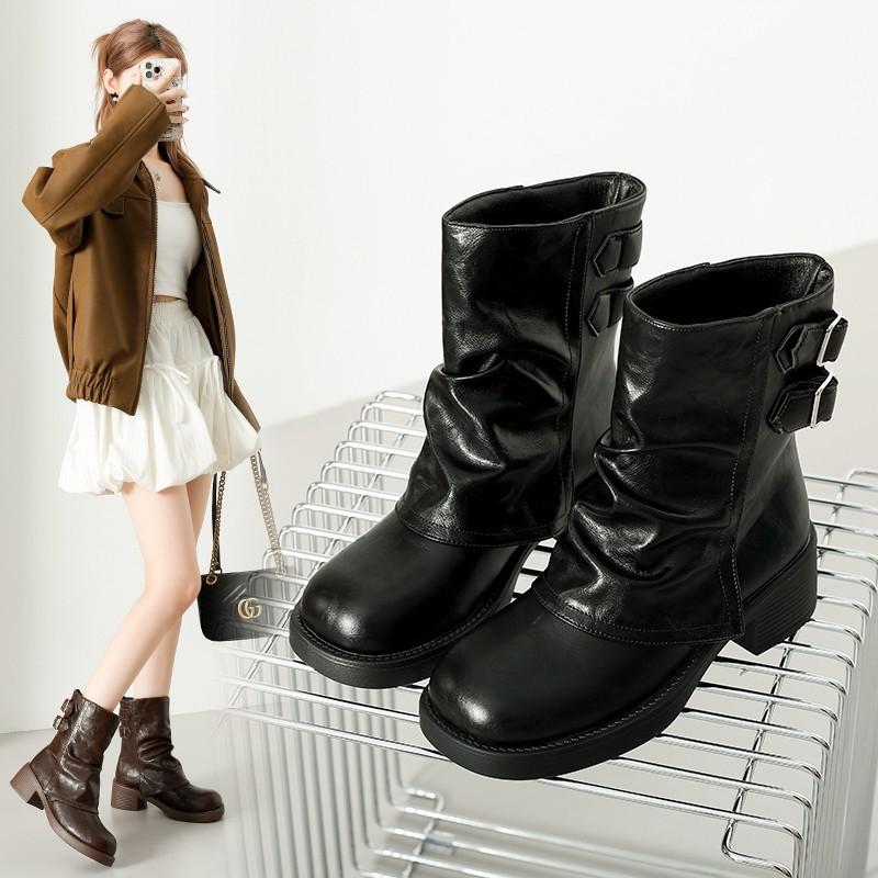 Large Size Short Boots for Women's Autumn and Winter New Belt Buckle Trousers Single Boots for Women's Thick Heel Leather Boots Short Short Boots for