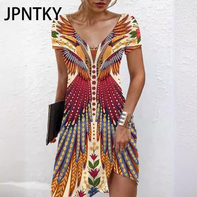 JPNTKY Mode Femme Été Printemps Robes Décontractées Manches Courtes Col V