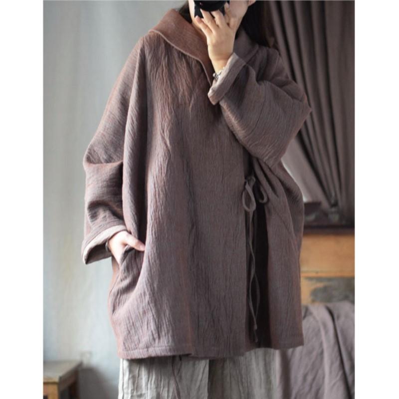 Johnature Women Vintage Jackets Solid Color Belt Long Sleeve Coats Spring Loose Jackets