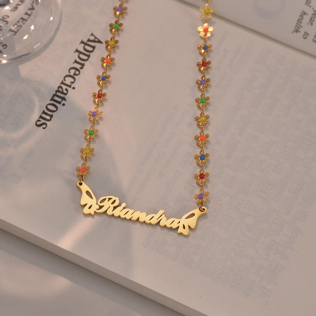 Atoztide Personalized Custom Name Necklace for Women Oil Flower Link Chain Stainless Steel Letter Fashion Pendant Jewelry Gift