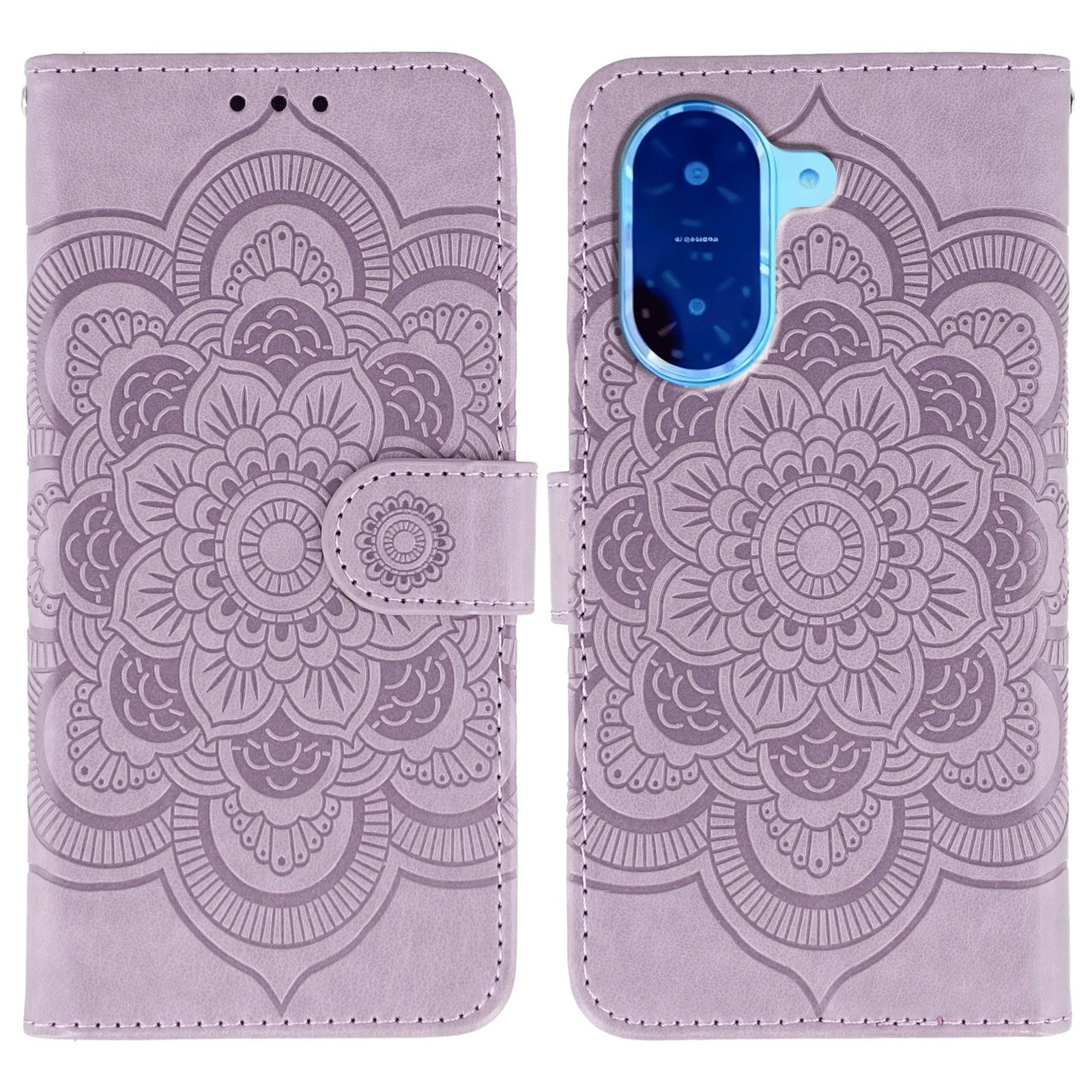 

For Xiaomi Redmi A5 4G (171.7mm)/Poco C71 4G Case PU Leather Mandala Imprinted Design Wallet Phone Cover with Wrist Strap Purple