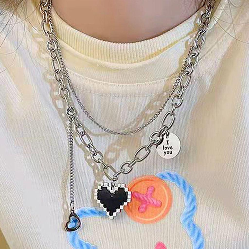 Valentine's Day Black Mosaic Heart & Peach Heart Double-Layer Hip Hop Necklace