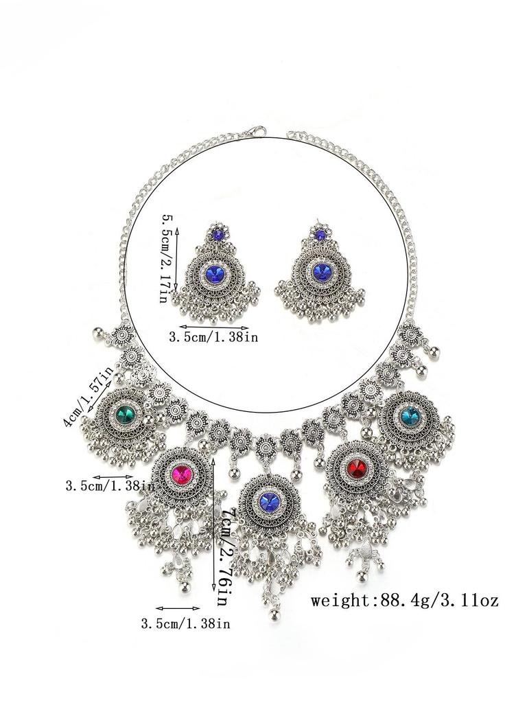 Exaggerated Indian-Style Rhinestone Tassel Necklace & Retro Ethnic Earrings Set