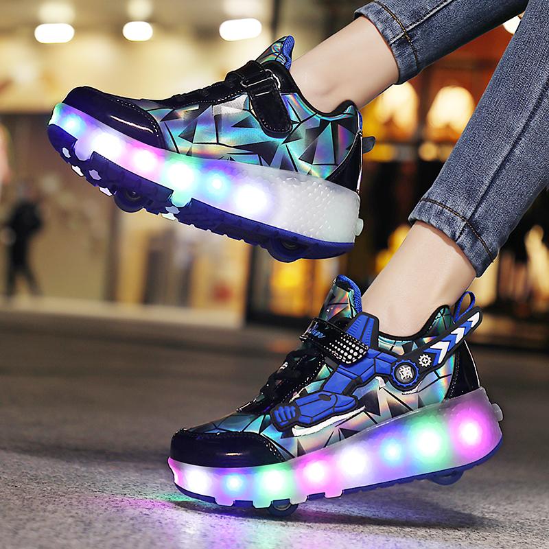 Patines de Ruedas Dobles Patines para Niños Retráctiles Ruedas Automáticas Zapatos Deportivos Carga USB Luz LED Zapatos Deportivos