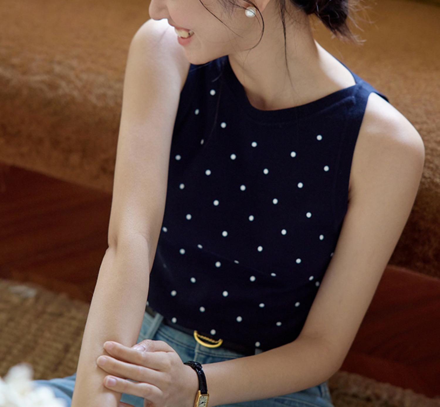 

Женский топ-камезоль Morirose в стиле французского ретро, темно-синий/молочно-белый в горошек One size темно-синий