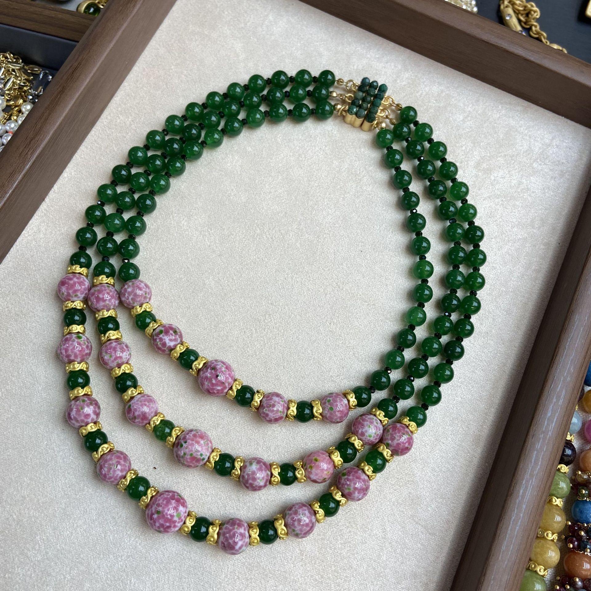 

Frog Skin Old Glass Spell Green Jade Beads Three Layers Stacked Necklace National Style Advanced Sense Vintage Court Style Neck Chain