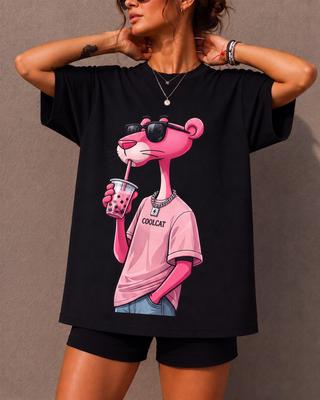 Cooles Rosa Katze trinkt Boba Shirt, Süßes Streetwear T-Shirt, Bubble Tea Liebhaber