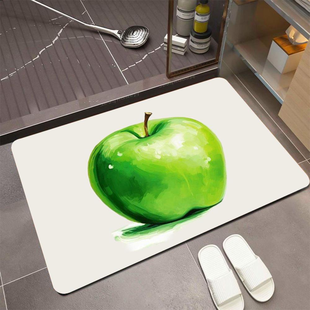 Oil Painting Single Green Apple Print Bath Mat Off White Base Fresh Fruit Quick Dry Absorbent Rug for Bathroom Shower Entrance 40cm x 60cm