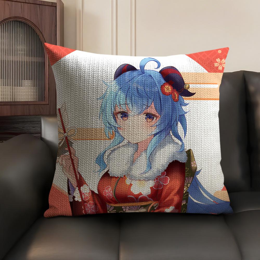 Ganyu Genshin Impact Cushion Cover Natural Linen Organic Fabric DoubleSided Printing Sofa Home Decor Gift Pillow Case