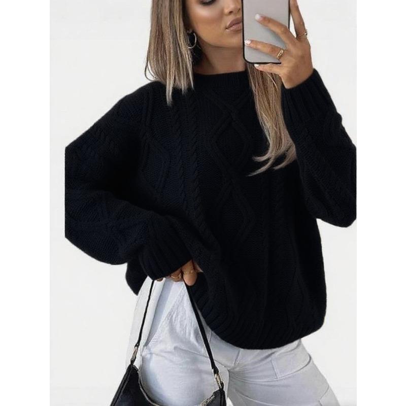 Twisted Cable Knit Crew Neck Loose Long Sleeve Sweater For Autumn Winter