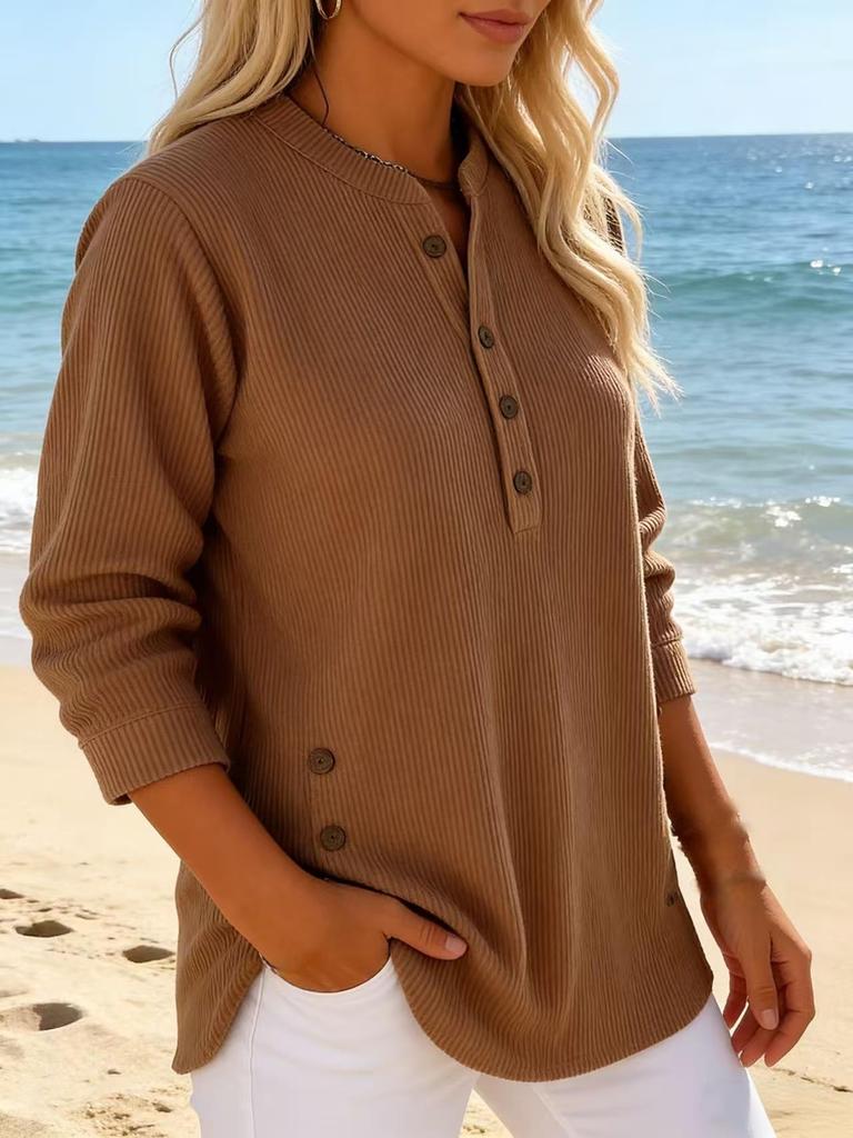 Autumn New Style Velvet Solid Loose Casual V-Neck Button Long Sleeve Women's Top T-Shirt