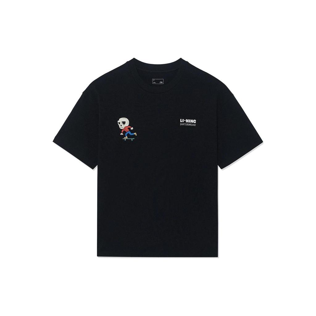 Li Ning X Pablo Ientile Collaboration Skateboard Series Cartoon Skeleton Print Loose Short Sleeve T-Shirt Unisex Tops Black AHSS863-3
