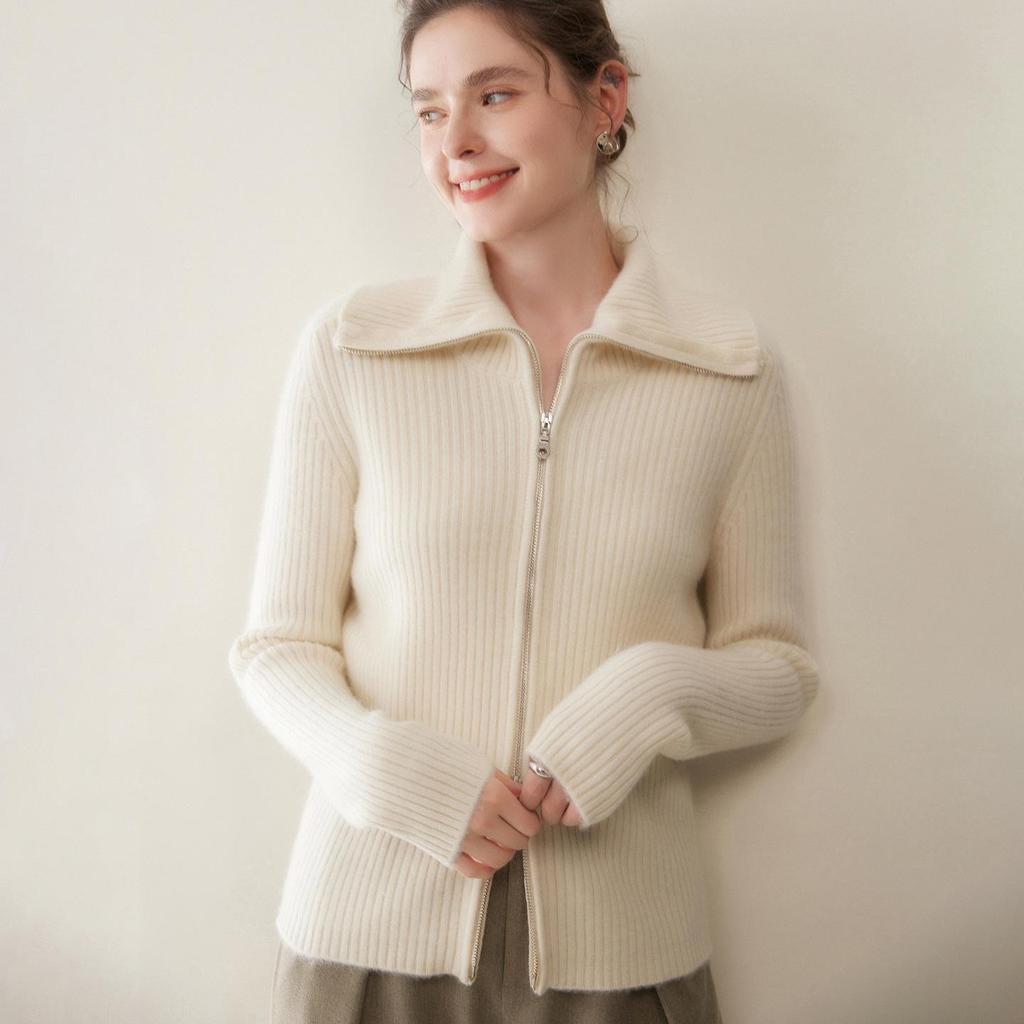 2025 Autumn Winter Women's Retro Cashmere Knit Cardigan - Long Sleeve, Loose Fit, Zipper, Versatile Outerwear.