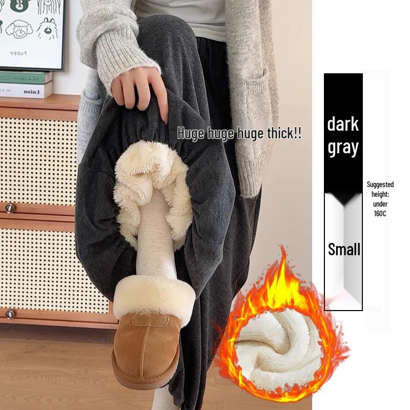 Women s High Waist Slim Lamb Wool Skirt Pants - Plus Velvet, Gray, Wide Leg, Autumn/Winter Medium