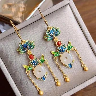 New Gutta Enamel Porcelain Original Tassel Earrings Chinese Retro Court Style Light Luxury Noble Elegant Charm Women'S Jewelry