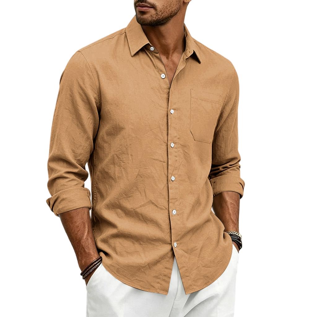 Men’s Linen Long Sleeve Shirt with Classic Turn-Down Collar and Single Chest Pocket Casual Relaxed Fit for Spring and Autumn