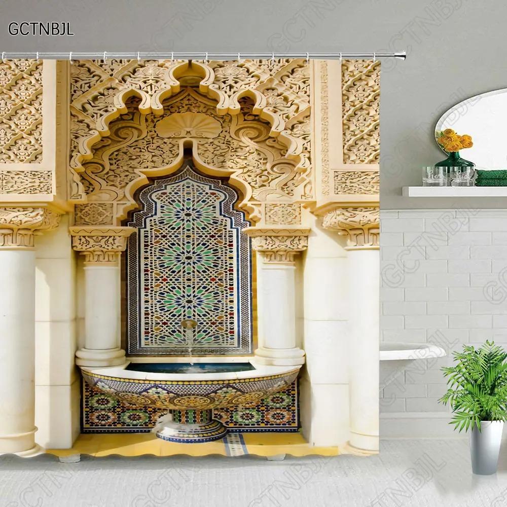 Moroccan Yellow Antique Arched Doors Shower Curtains Old Vintage Wooden Door Bathroom Waterproof Fabric Bath Curtains With Hooks
