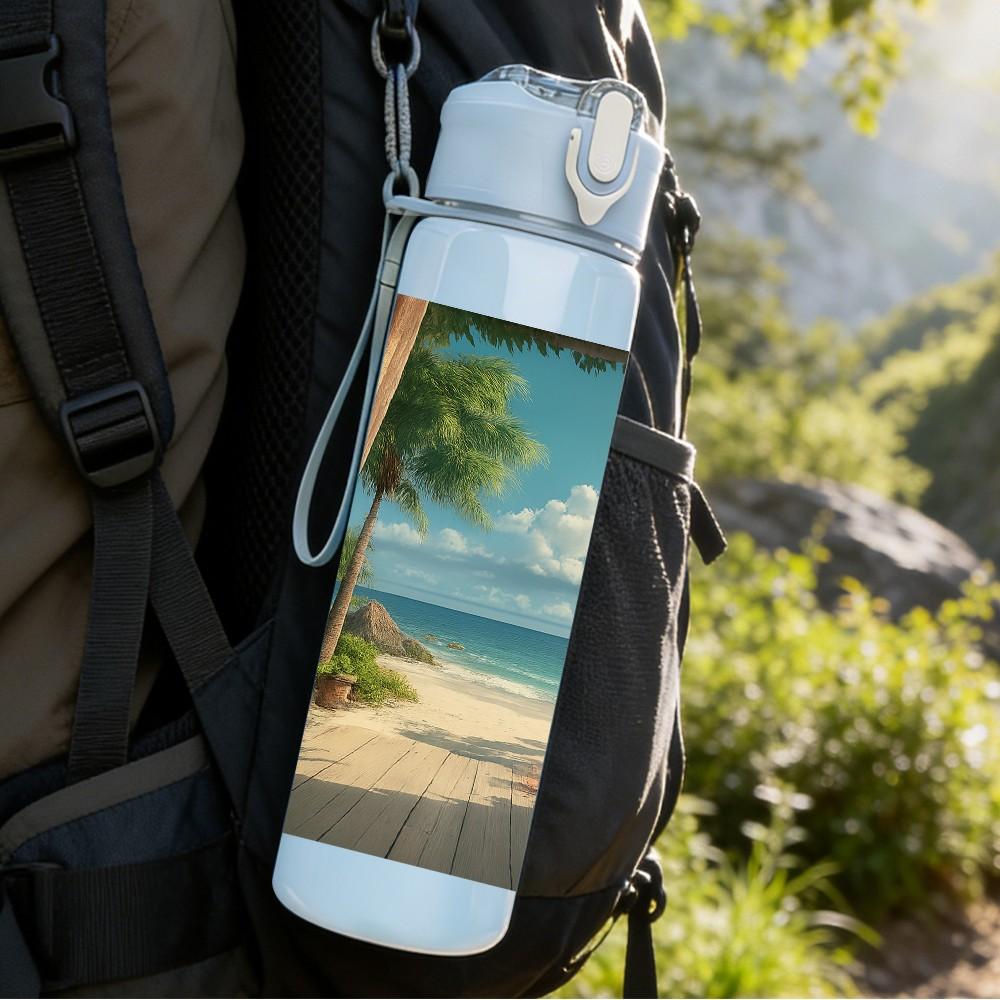 1PC Palm Tree Beach Tropical Shore Print 750ml Color Plastic Sports Water Bottle Leakproof Flip Straw Lid Suitable for Sports Office Home Use