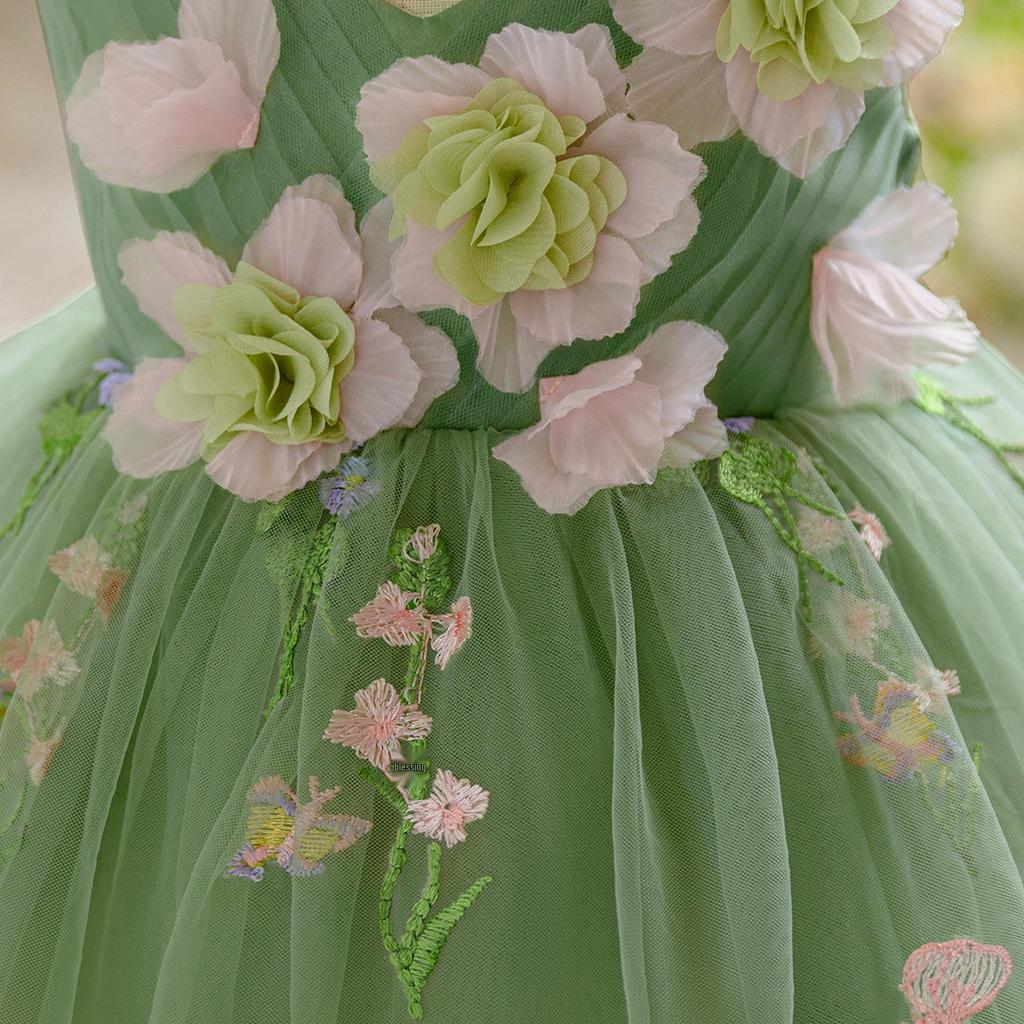 Avocado Green Applique Flower Girl Dress with Puffy Skirt