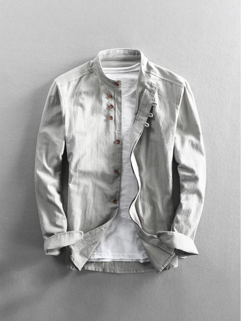 Chemise à col montant à manches longues boutonnée pour homme, style chinois, pour le printemps et l'automne