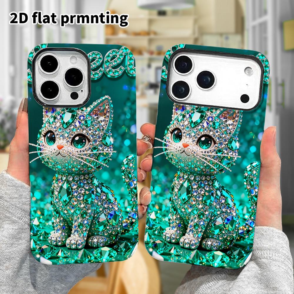 Phone Case: 2D Flat Design Suitable for iPhone 18, 17, 16, 15, 14, 13 Pro Film Protective Case, Couple Style, Gem Cat, Christmas and Halloween Gift
