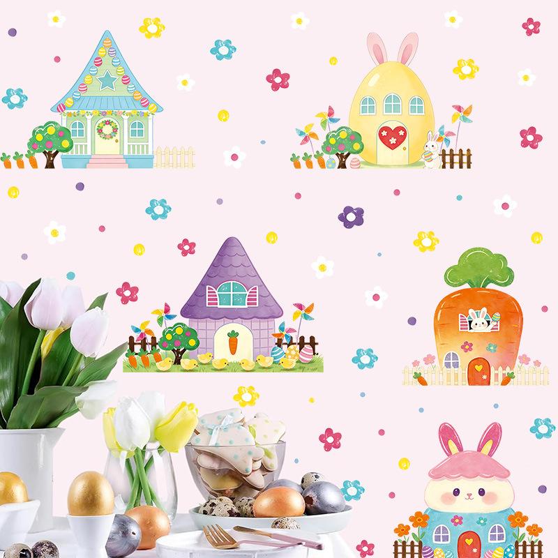 Easter Bunny House Wall Sticker, Kids Room Decor, Flower Window Decal, Self-Adhesive Home Decoration
