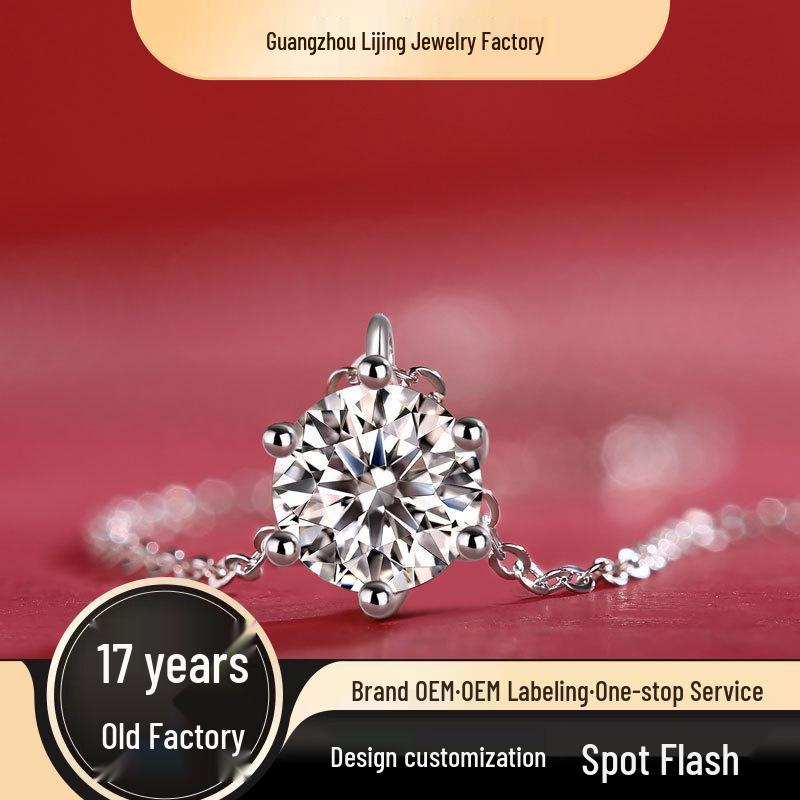 Elegantly Crafted Moissanite Six-Prong Pendant on 925 Silver Clavicle Necklace.