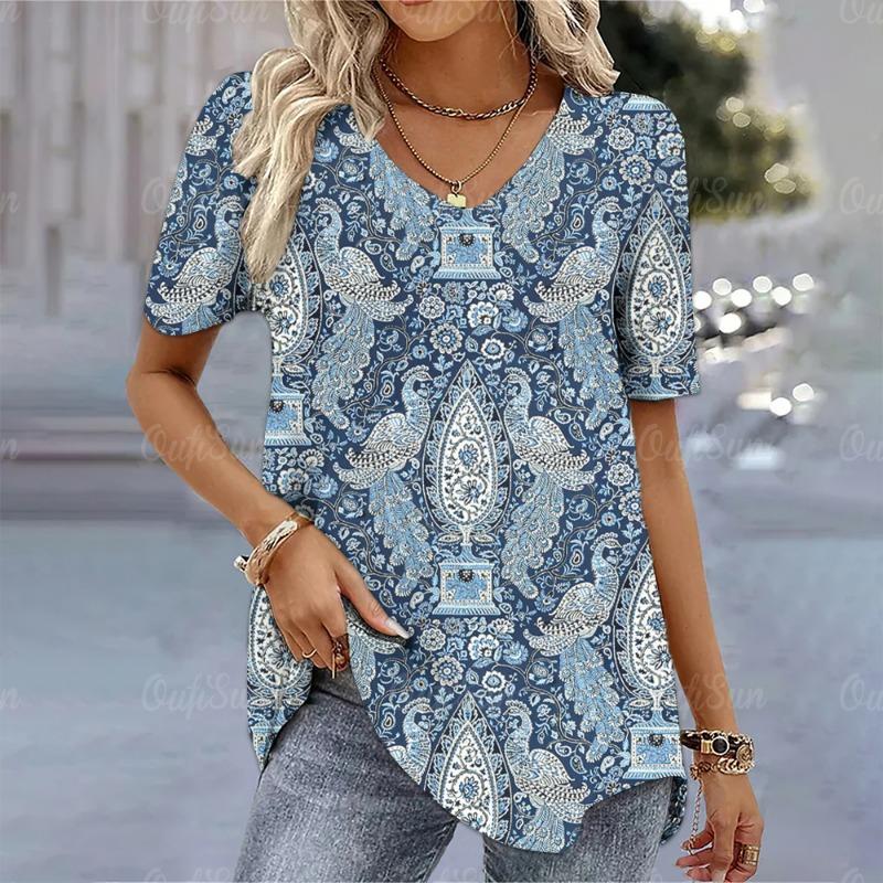 Vintage Damen T-Shirt 3D Blumenmuster Lady Kleidung Sommer V-Ausschnitt Übergroße Bluse Weiblich Harajuku Casual Kurzarm Tops