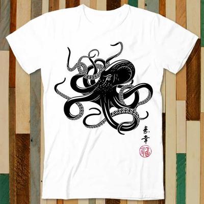 Octopus Japanese Calligraphy Gyotaku Anime Manga Black White Yoga Martial Samurai Art Japan T Shirt Tee Vintage Top A4951