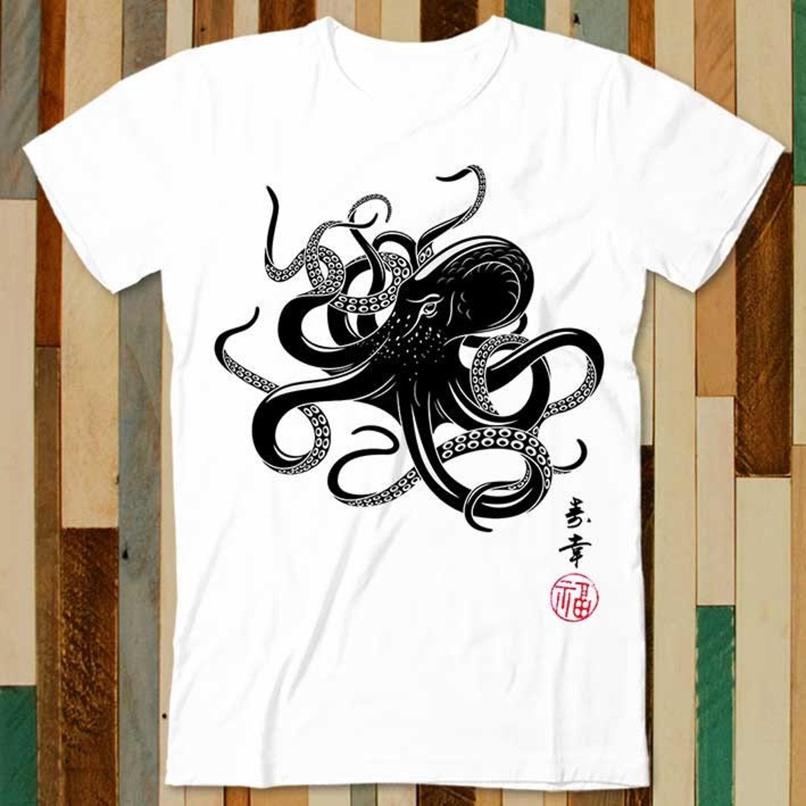 Octopus Japanese Calligraphy Gyotaku Anime Manga Black White Yoga Martial Samurai Art Japan T Shirt Tee Vintage Top A4951 S